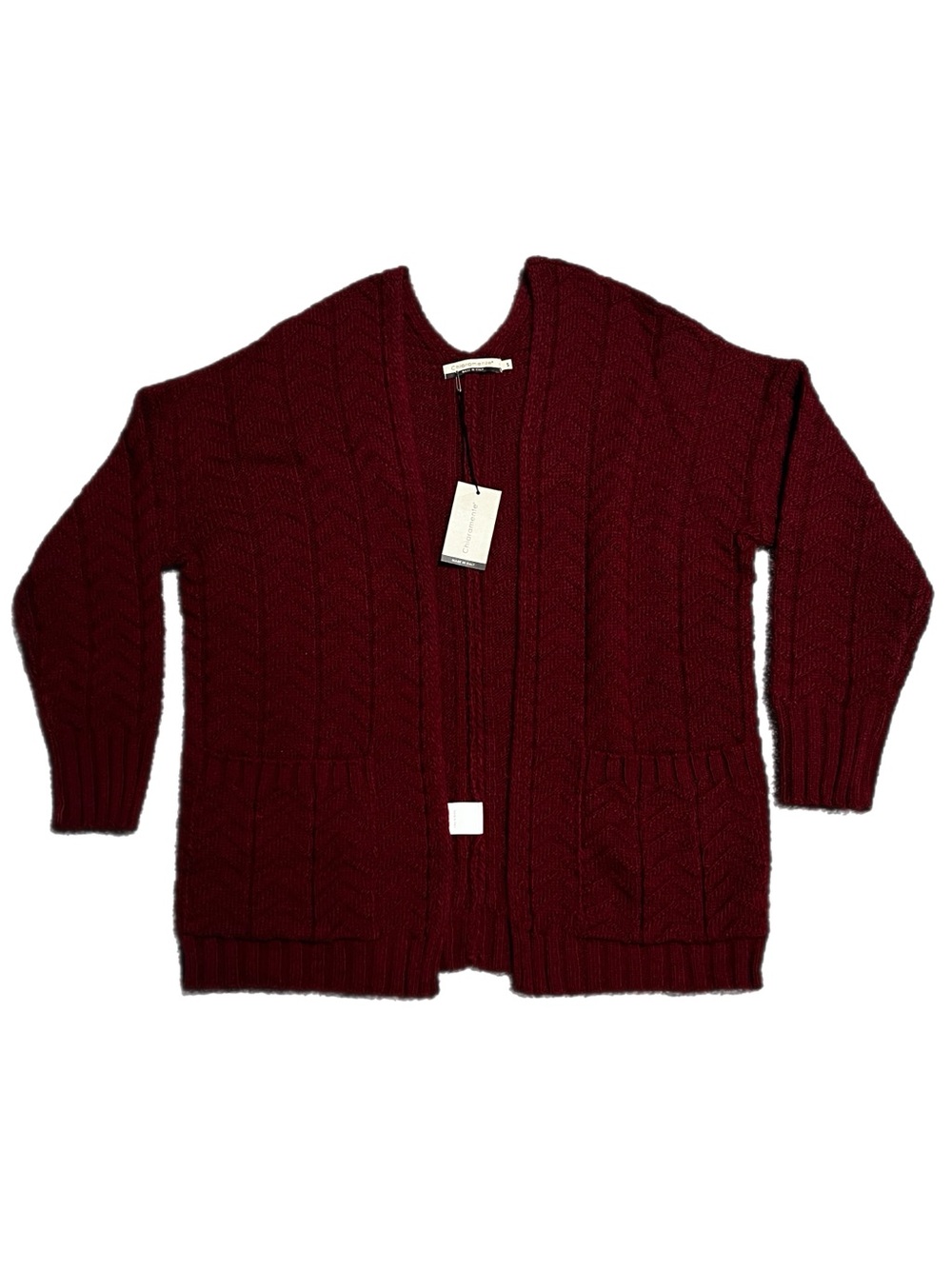 NWT Chiaramente Made in Italy Open-Front Cable Knit Cardigan in Burgundy